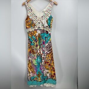 Ebene by Patrick Assuline silk beaded Tribal African Print Slip dress Sz 1